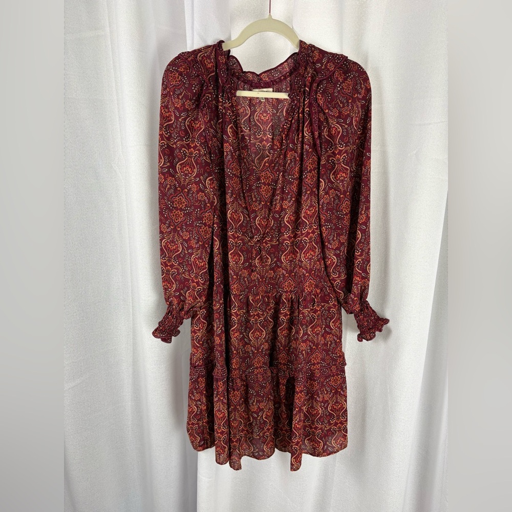 Max Studio Burgundy Tiered Shift Floral Print Smocked Paisley Dress Medium EUC